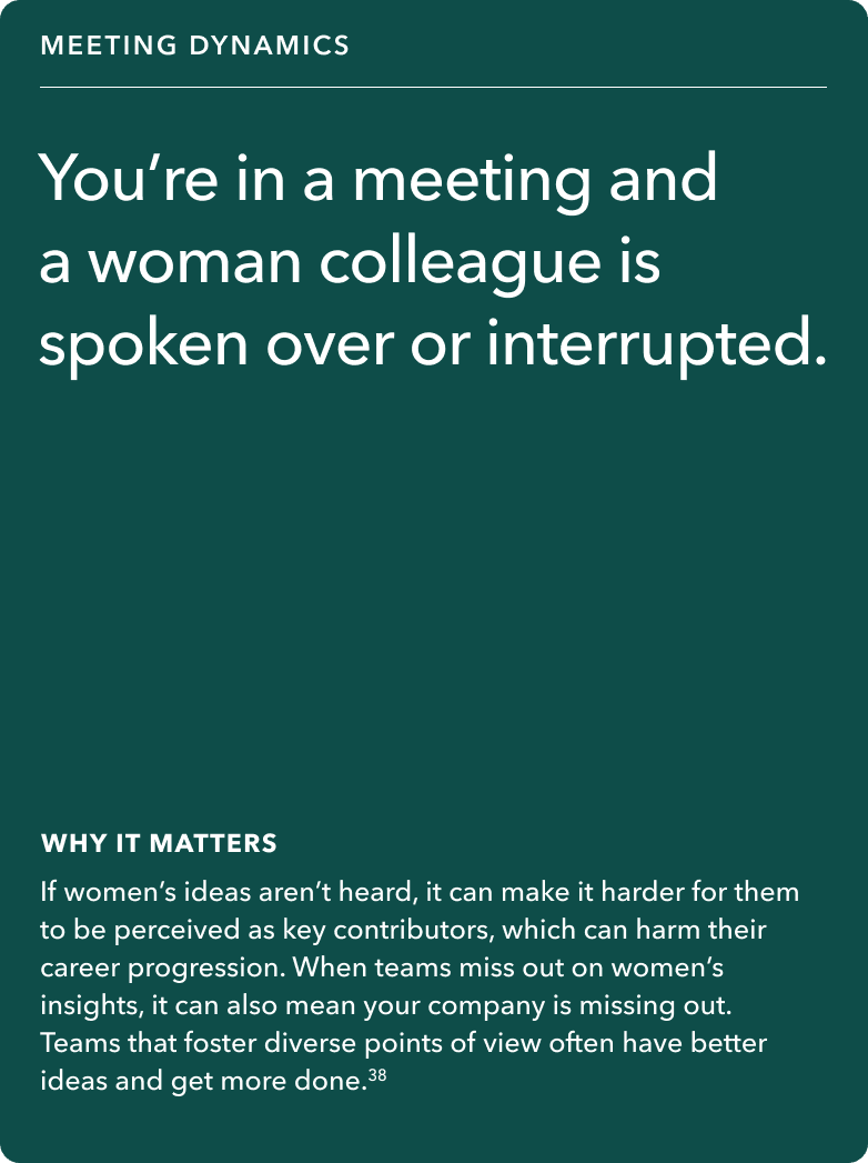 Front of card: Situation - You’re in a meeting and a woman colleague is spoken over or interrupted.