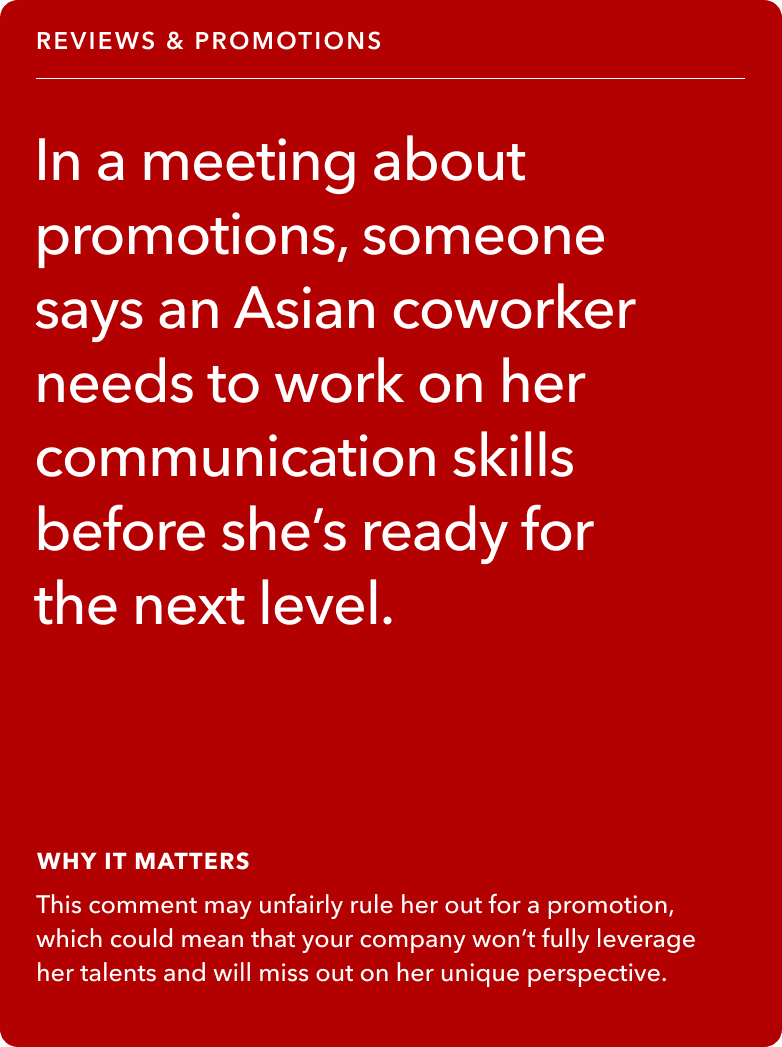 Front of card: Situation - In a meeting about promotions, someone says an Asian coworker needs to work on her communication skills before she’s ready for the next level.