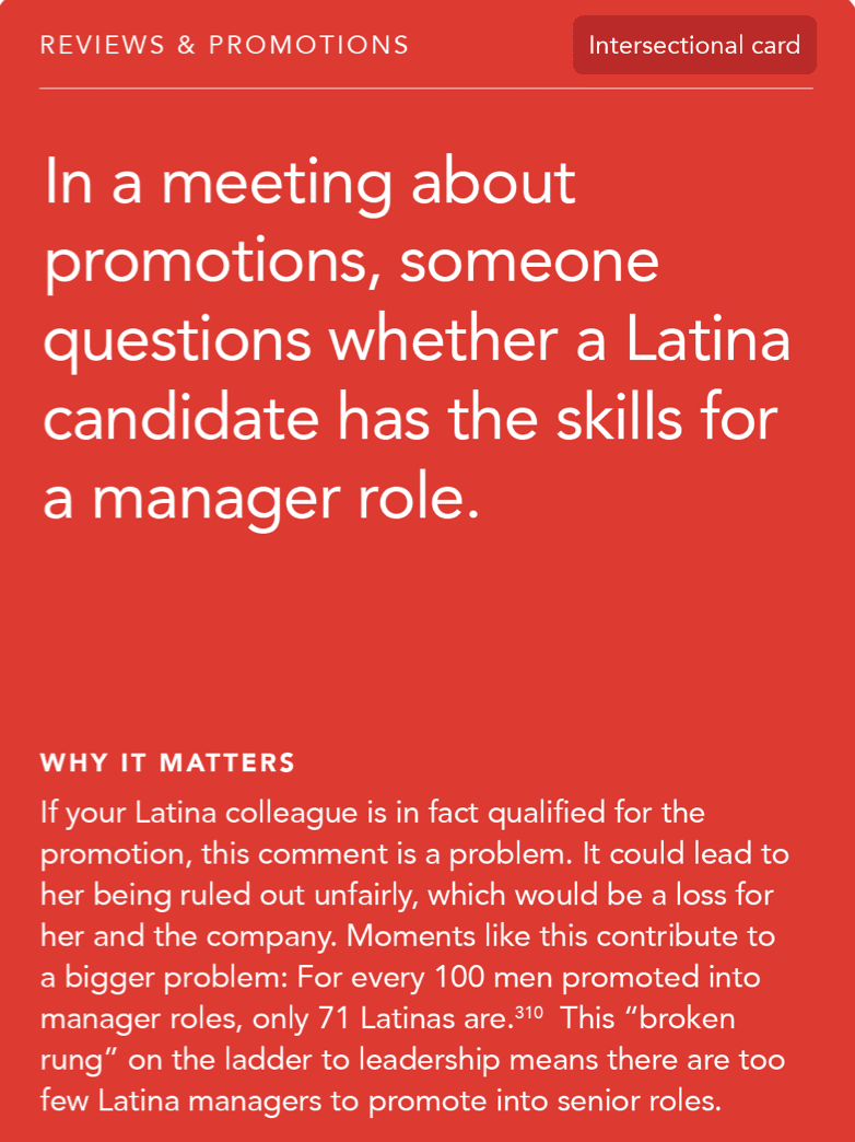 Front of card: Situation -In a meeting about promotions, someone questions whether a Latina candidate has the skills for a manager role.