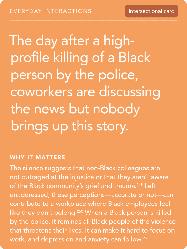 Front of card: 'Situation - The day after a high-profile killing of a Black person by the police, coworkers are discussing the news but nobody brings up this story'