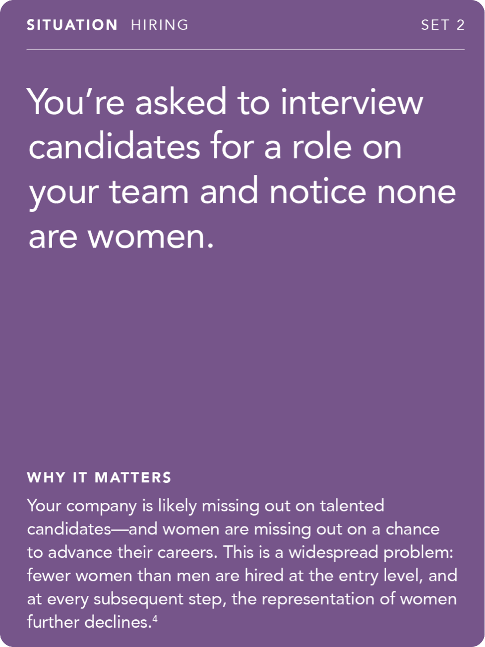 Front of card: Situation - you're asked to interview candidates for a role on your team and notice none are women.