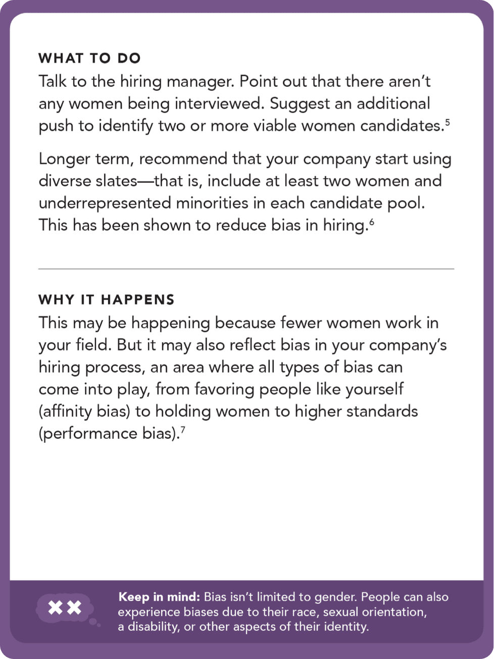 Back of card: What to do: Talk to the hiring manager. Point out that there aren't any women being interviewed. Suggest and additional push to identify two or more viable women candidates.